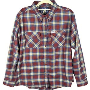 Dixxon Flannel Co Old Port Shirt Womens Large Burgundy Blue Plaid D-Tech Snap